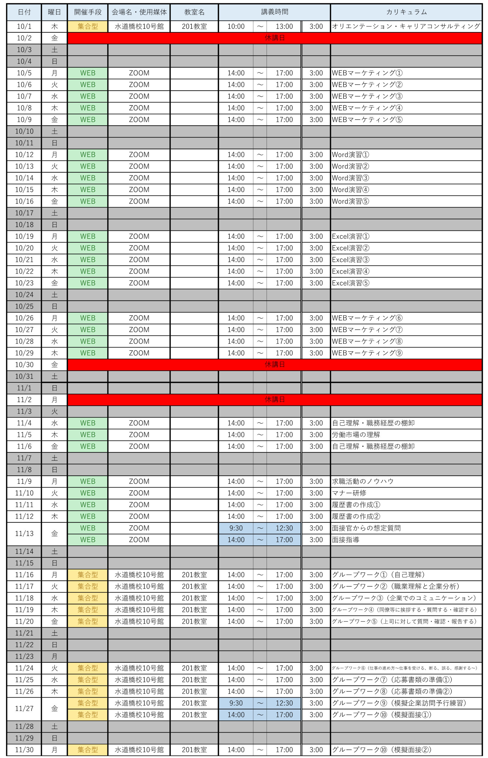 10月1日開講 水道橋校 東京労働局委託 正社員就職支援プログラム