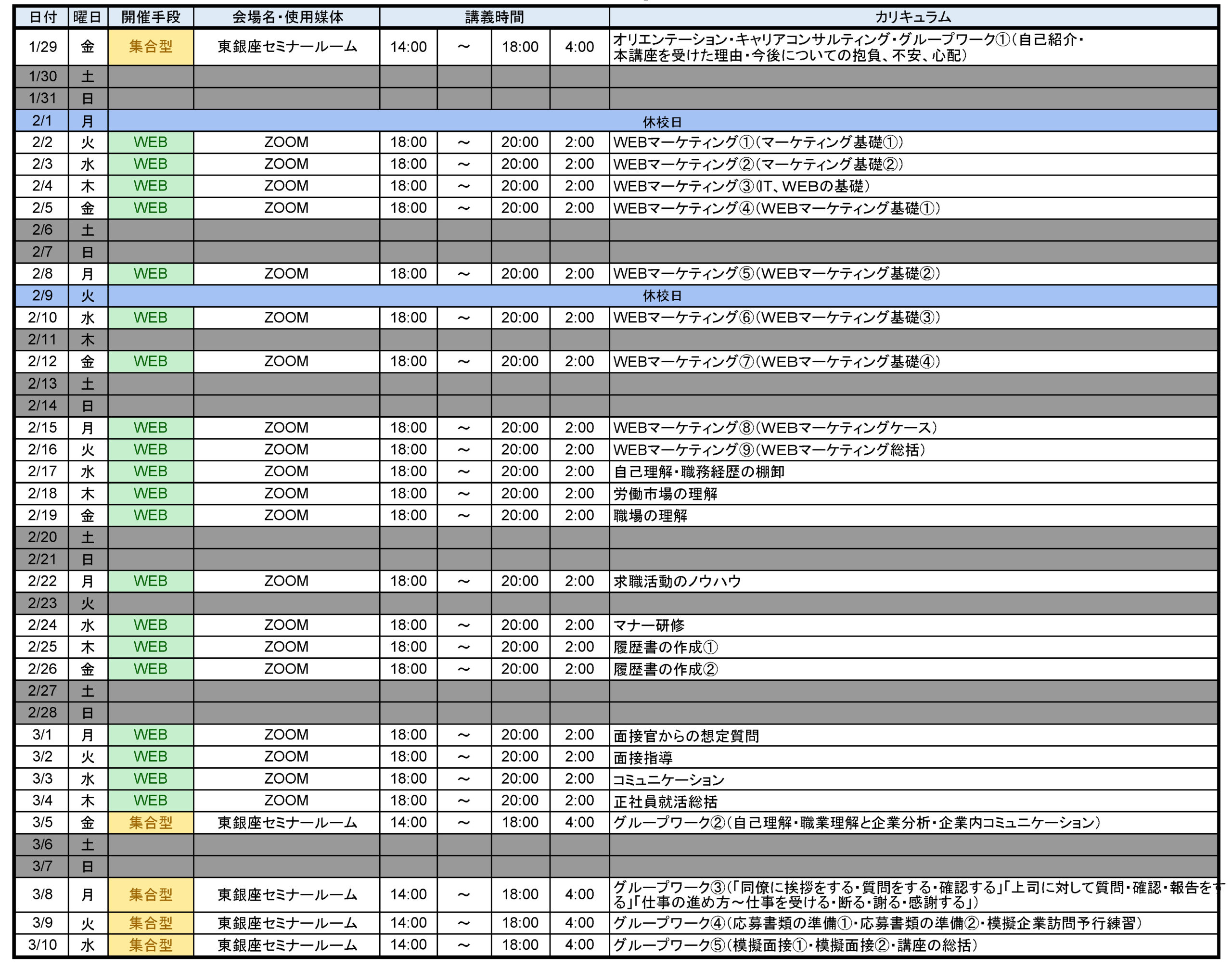 21年1月29日開講 東銀座 2 東京労働局委託 正社員就職支援プログラム